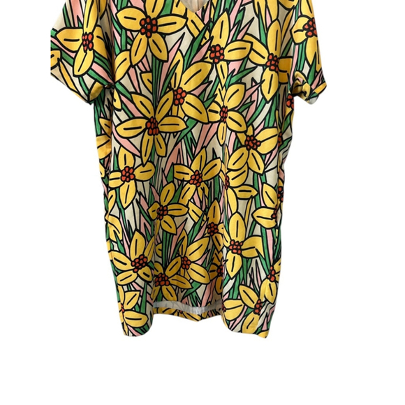 ICONE Yellow Floral Print V Neck Short Sleeve Shirt Dress M - Picture 4 of 7